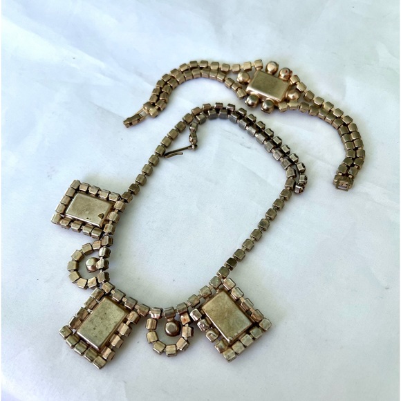 Vintage Necklace Bracelet Set Amber Glass & Rhinestone Rectangular - Picture 7 of 17